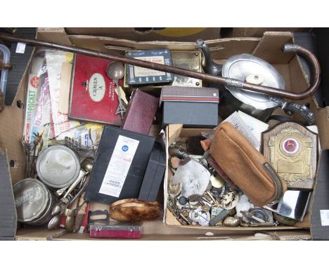 Two boxes of various items including Silver mounted walking cane and a Victorian caddy spoon, Victorian writing box, EPBM tea