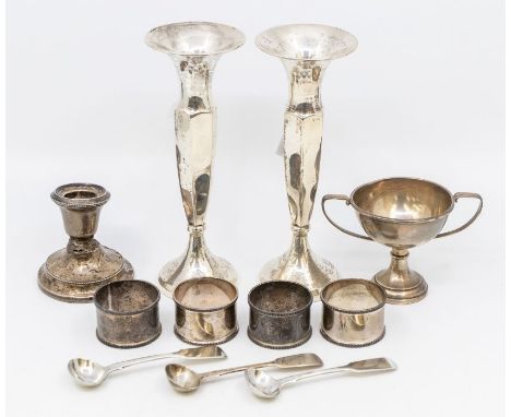 A collection of silver to include: four napkin rings; two George IV fiddle pattern mustard spoons, another condiment spoon, g