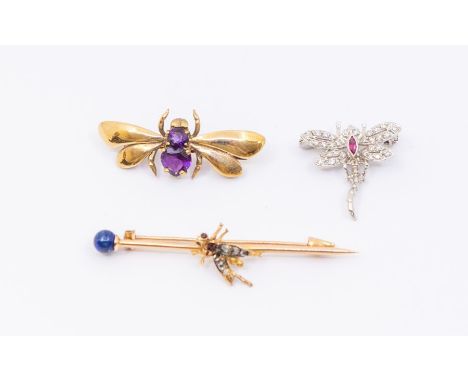 A collection of three insect themed brooches, to include an 18ct white gold and diamond dragonfly brooch, the centre set with