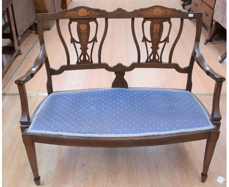 An Edwardian mahogany upholstered salon sofa, 48" x 36.25" high and 21.75" deep&nbsp;