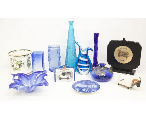 A collection of glass and ceramics to include Murano vase and bowl, tall blue bottle type vase, Whitefriars style bark effect