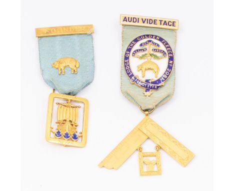Two 9ct gold masonic medallions, to include on with enamelled central badge Lodge of the Golden Fleece, overlaid to ribbon wi