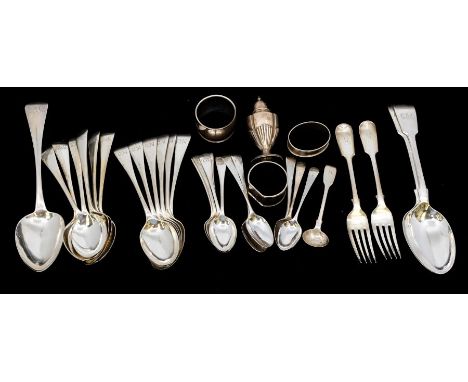 A collection 19th &amp; 20th Century silver flatware to include; pair of Old English pattern and a pair of Fiddle pattern tab