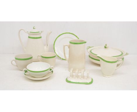 A large collection of green and white dinner wares, mainly Queens Green, comprising 6 tureens (3 with lids), toast rack, 4 te