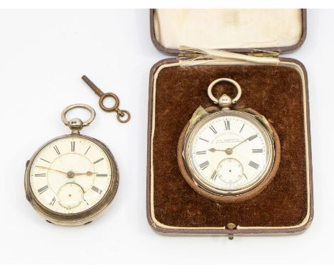 An Edwardian silver open faced pocket watch, F.A Woodroffe, white enamel dial with black Roman numerals, subsidiary dial (a/f