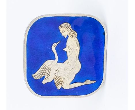 Scandinavian silver and enamel Leda and the Swan brooch square concave form with silver decoration to the centre on blue enam
