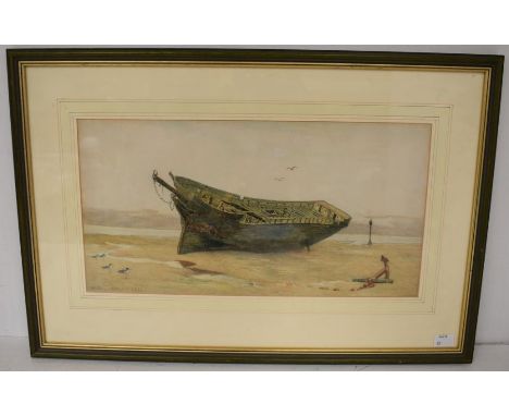 Walter Fryer Stocks, British School 1842-1915, watercolour of a beached wooden boat, signed l r, 21 x 41cm, framed and glazed