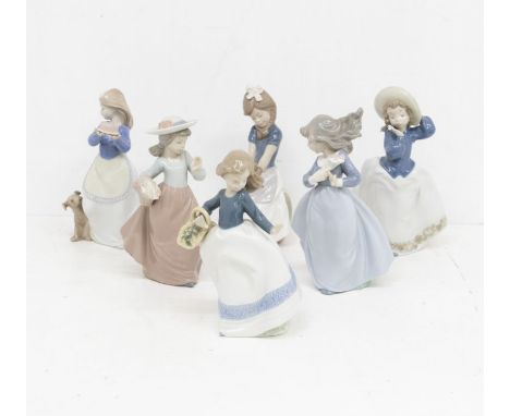 A group of NAO figures to include: two various girls carrying baskets; girl holding birthday cake; girl with posy of flowers,