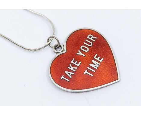 Meka: a Danish silver and enamel heart shaped pendant, red enamel, inlaid with 'take your Time'  size 30mm, marked  Meka Ster