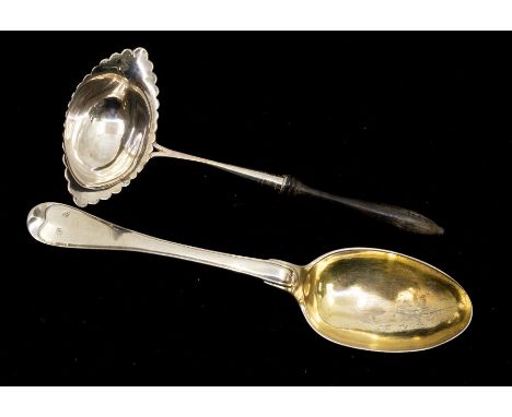 A large 19th Century Continental silver serving spoon, stamped to terminal (124.6 grams) and a Continental silver toddy ladle
