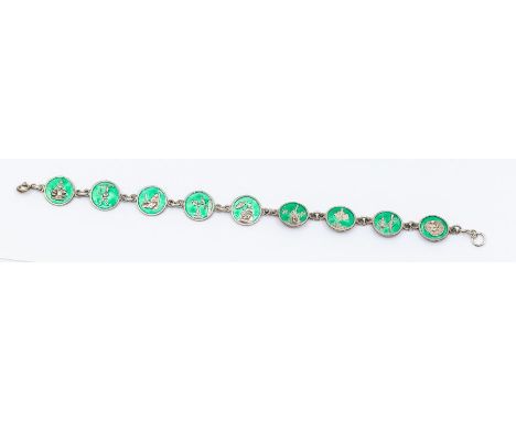 A Danish silver and enamel Hans Christian Andersen fairy-tale bracelet, comprising circular links inset with silver details o