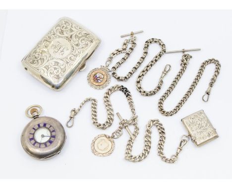 A collection of silver to include a half hunter pocket watch 9glass missing, hairlines to dial hands misisng)  with blue enam