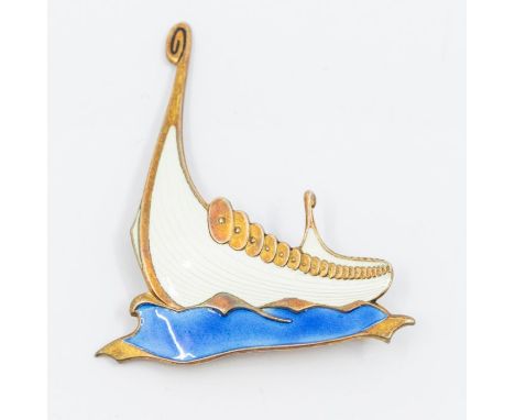 A Modernist Albert Scharning sterling silver gilt and enamel Viking long ship brooch, circa 1950's, white and blue enamel dec