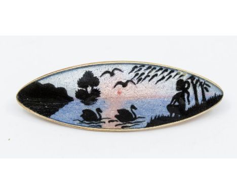 Kjell Eftedal:  a Norwegian early sterling silver gilt and enamel brooch, oval form with swans and figure decoration length a