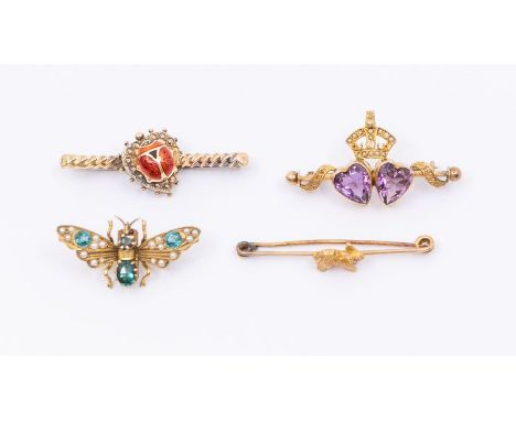 A collection of Victorian and later gold brooches, to include a double heart and crown set with amethyst and pearl, unmarked,