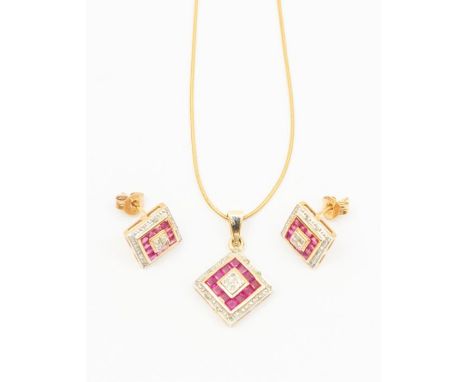 A ruby and diamond 9ct gold pendant, square form set to the centre with small grain set diamonds within a border of channel s