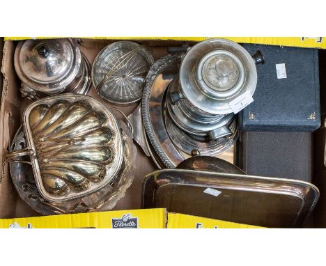 A collection of silver plated items including trays, caddy, flat wares including butter knives, with silver handles, fruit ba