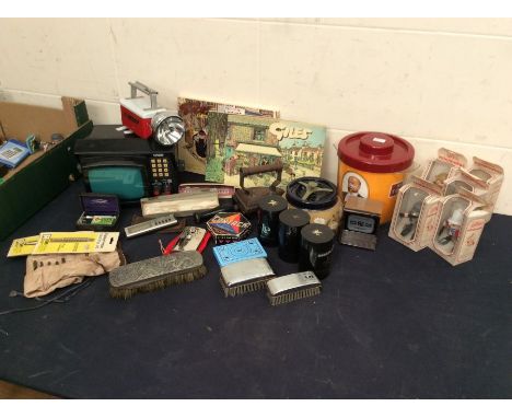 Mixed box of collectors items including vanity, portable 80's TV, ice bucket, Giles Books, early 20th Century ashtray, vintag