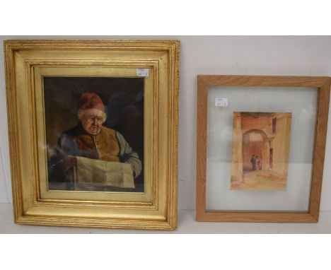 Oil on canvas Janet Collins 1880 of a old 19th Century man reading a manuscript along with framed watercolour of 1920s couple