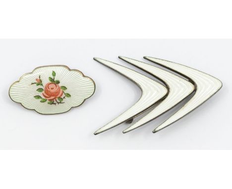 Two silver and enamel brooches, to include one  by Bernard Hertz Denmark, comprisjng three white enamel arrow like details, l