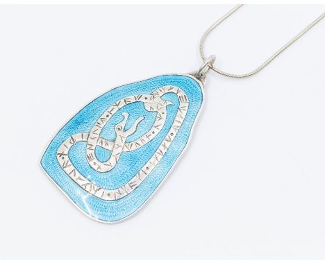 A Modernist Danish Meka Reklamegauver Holte (1951-1989) sterling serpent pendant, turquoise guilloche enamel overlaid with a 