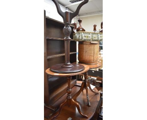 Three reproduction wine tables, mahogany planter, foot stool, Edwardian coal scuttle and oak 1930/40's bookcase