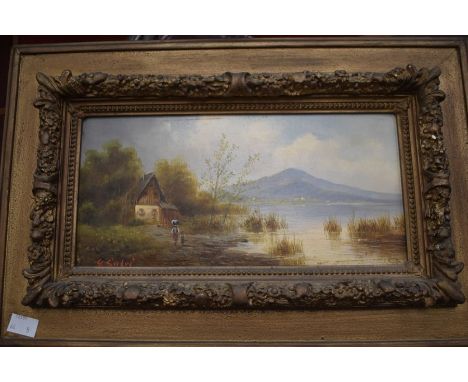 Adolf Kaufman (Austrian 1848-1916): Rural Landscapes, a pair, oil on board, signed with pseudonym 'G Salvi'; a sunset oil on 