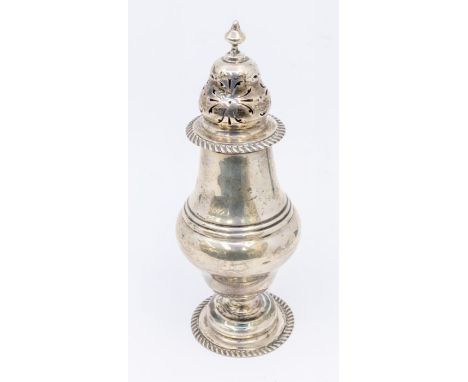 An Edwardian large silver caster, gadroon borders, with ogee domed pierced cover, urn shaped finial, hallmarked by Charles Bo