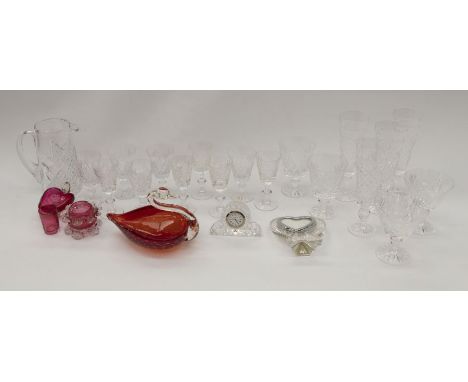 A collection of 20th Century cut glass including: champagne flutes, wine glasses, tumbers, port, some with etched marks toget