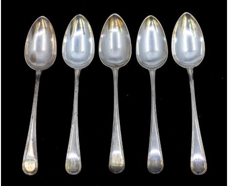 A set of five William IV Scottish silver Old English and Thread table spoons, each engraved with initial R.., hallmarked by P