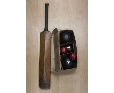 Vintage Nicolls 1930's willow cricket bat with two cricket balls, plus a set of early 20th Century bowls