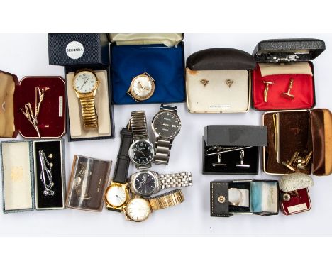 A collection of gents jewellery to include a 9ct gold and onyx set ring size V, total gross weight approx 4.6gms wristwatches