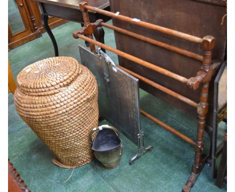 An Art Deco chromed fire screen;  log bucket,  turned towel rail, linen basket (4)