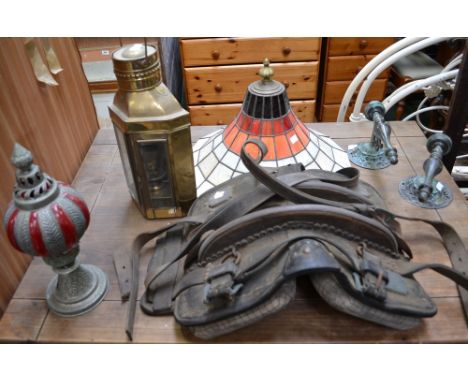 A leather brass/metal studded Shire horse working Saddle/Harness; a brass wall lantern;  a pair of wall lights; stained glass
