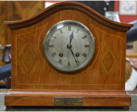 A JW Benson mahogany inlaid presentation mantel clock