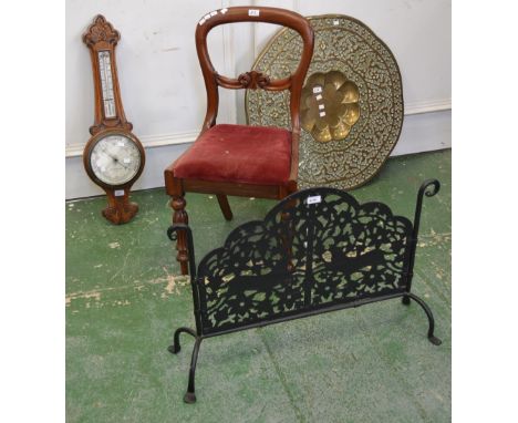 A Victorian oak barometer, c.1880 and Victorian mahogany chair, c.1860; a large brass charger and a metalwork fire screen 