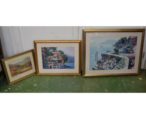 Picture & prints - R T Margett, 20th century, Sunset Cottage, oil, signed, 29 x 35cm;  others prints (3) 