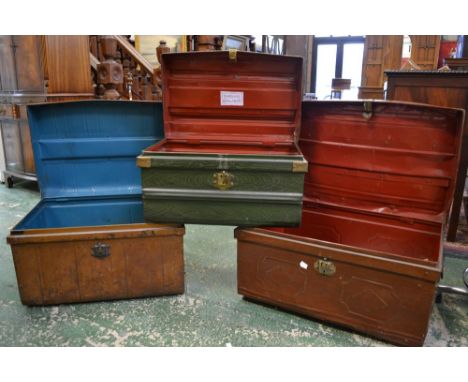 A 19th century green japanned tin trunk; others (3)