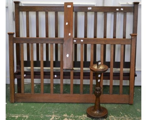 A 1930s oak double bed; a carved oak panel; an oak smoker's stand; a builder's plumb line; etc 