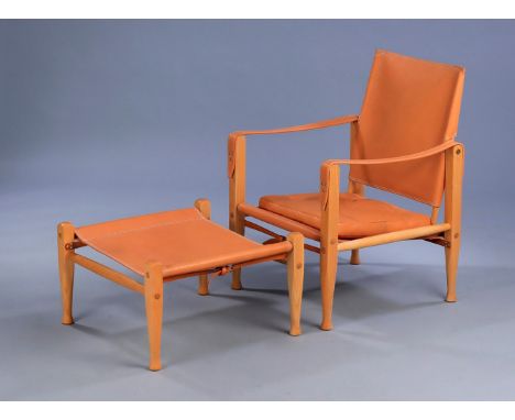 KAARE KLINT (Frederiksberg, 1888-Copenhagen, 1954) for RUD RASMUSSEN.Safaristol chair with stool, design 1933.Light ash frame