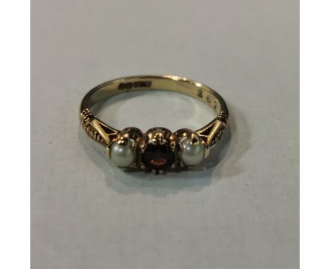 9 CARAT GOLD RUBY &amp; PEARL RING