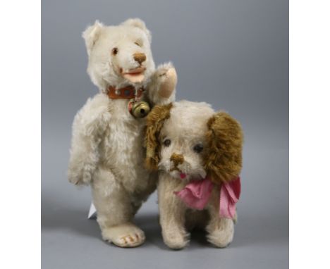 The childhood toys of Erika Maria. Teddy baby in good condition, button label on collar, circa 1930, H.9in. Schuco yes/no dog