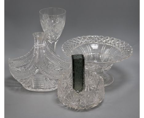 A Whitefriars vase and four pieces of cut glass tallest 28cm high