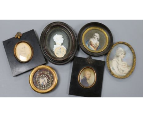 Five portrait miniatures and a glass cameo portrait