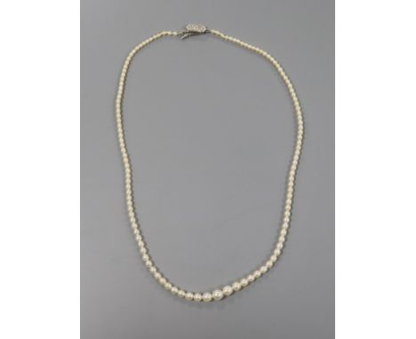 A 1920's single row graduated natural pearl necklace with diamond set clasp, with Gem &amp; Pearl Laboratory report dated 15/