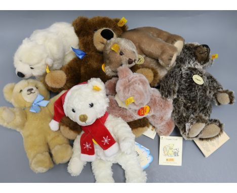 Seven Steiff yellow tag toys: 1952 Classic Jungbar, Classic Teddy, Xmas Bear, Arco Polar Bear, Molly Teddy, Floppy Bear 18 an