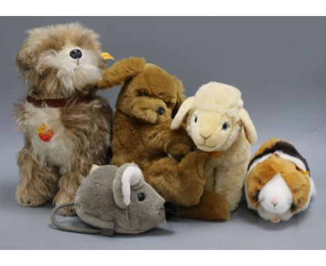 Four Steiff yellow tag toys: Swinny Guinea Pig, Cockie Spaniel, Lamby and Cosy Maus