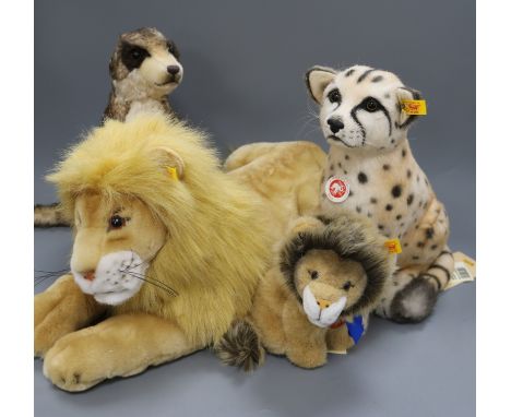 Four Steiff yellow tag toys: Molly Lion, Snuffi Lion, Bora Cheetah, and Mungo Meerkat