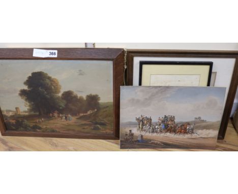 Edmund Gill, overpainted print, The Village Festie, label verso, and sundry pictures 30 x 42cm.