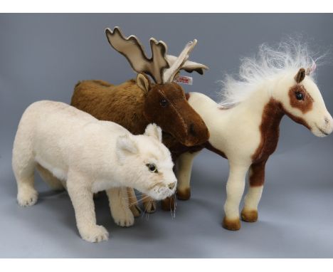 Three Steiff toys: Painted Horse, Moose and Cougar, Last Frontier, white tag, all with bags